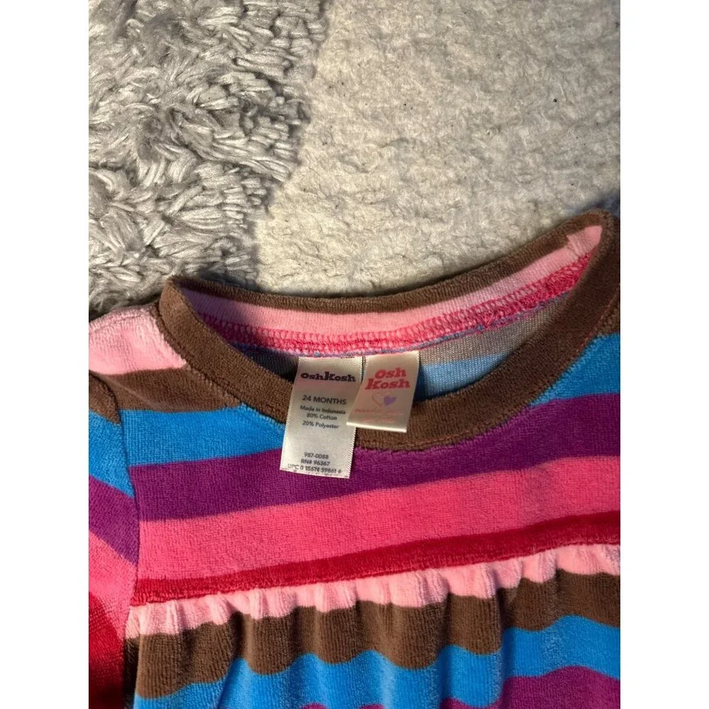 OshKosh‎ B'gosh Velour Dress Pink Striped Pockets Long Sleeve Cozy 24M Girls